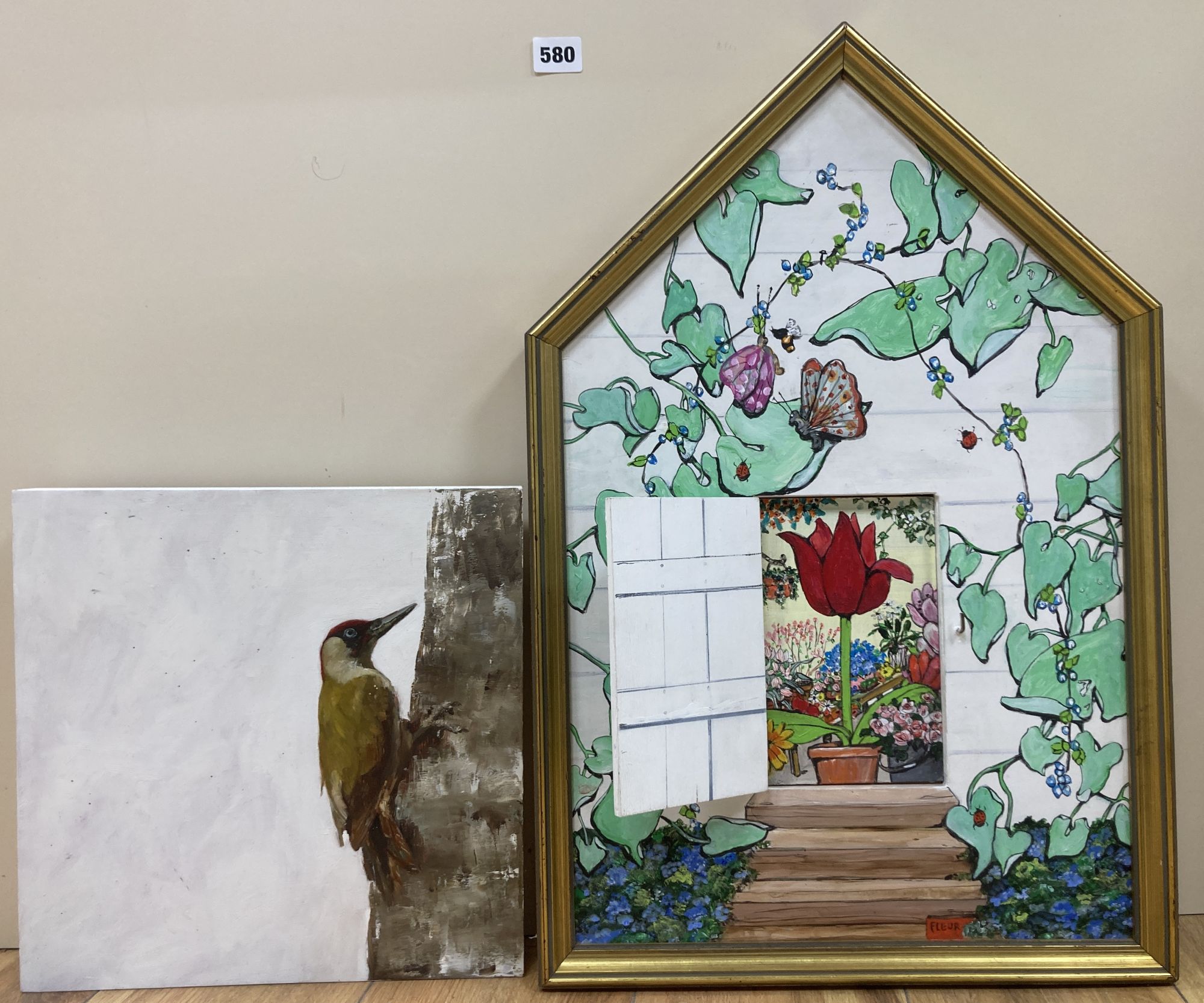 H. Langridge, oil on panel, Green Woodpecker, 30 x 30cm and a panel by Fleur Cowles, Potting Shed II, 53 x 34.5cm